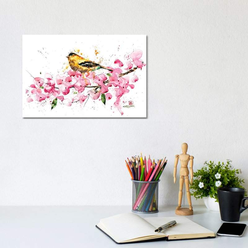 Bird And Cherry Blossoms by Dean Crouser - Painting on Canvas, Wrapped Canvas, 20.32 cm H x 30.48 cm W