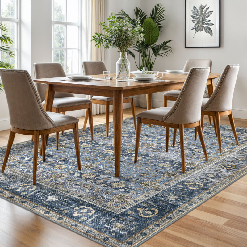 Area Rug Machine Washable Rug Oriental Indoor Rugs with Non-Slip Backing, Rectangle 6' x 9', Blue/Gray/Beige