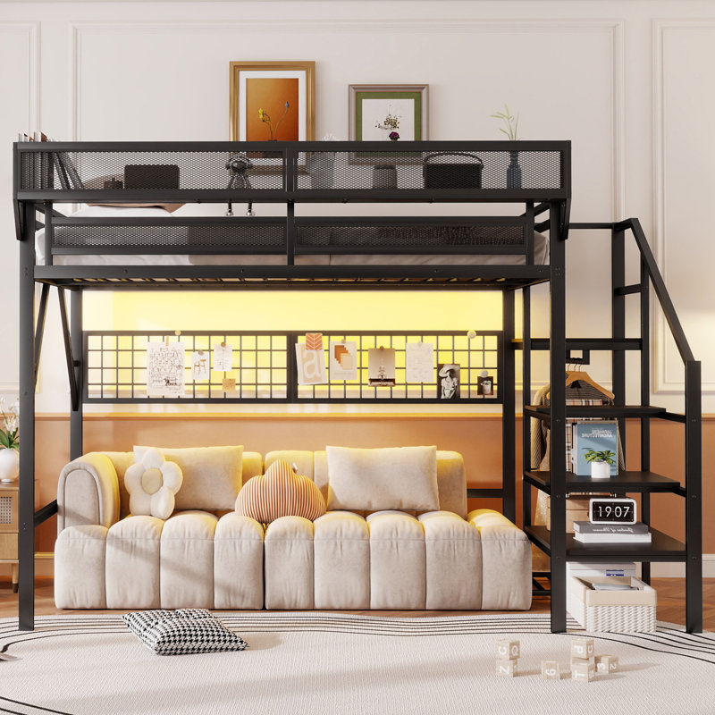 Queen Size Loft Bed with Stairs, Metal Queen Loft Bed with Light and Storage, High Loft Bed with Wardrobe and Storage for Kids Teens Adults, Black
