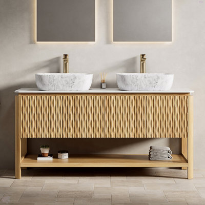 60" Bathroom Vanity&Sinks, Freestanding Plywood Storage Cabinet With 4 Bamboo Texture Doors&Open Shelf, 2 Marble Pattern Ceramic Basins&Carrara White Sintered Stone Top, Woodgrain Color