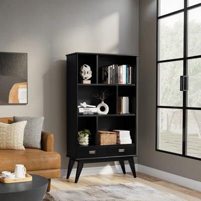 Draper 64"H Solid Wood Mid-Century Modern Wide Bookshelf with Adjustable Shelves and Tapered Legs