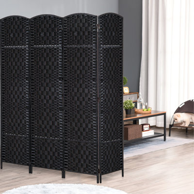 6' Tall Weave Privacy Screen - Black. Stylish Room Divider For Small Apartments, 4 Panels, Hinges, Compact Black Divider. Medical Offices, Convenient Hinge And Portable Feature