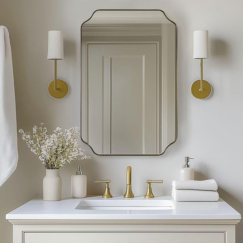 Modern Scalloped Corner Rectangle Bathroom Vanity Mirror | Stainless Steel Frame, Brushed Gold, 38" x 26"