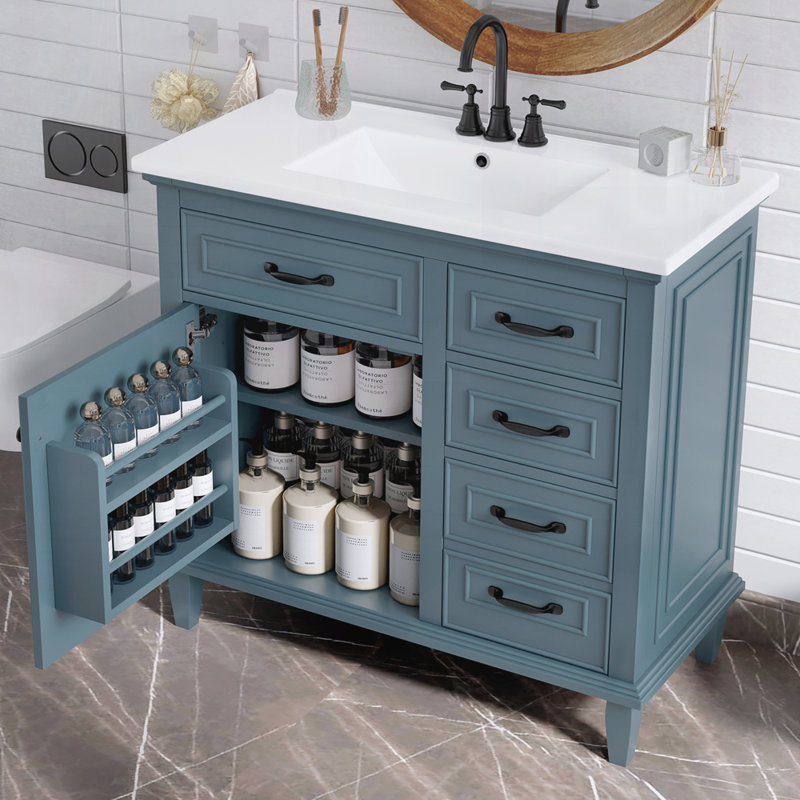 36 Inch Bathroom Vanity with Ceramic Sink, Blue Gray