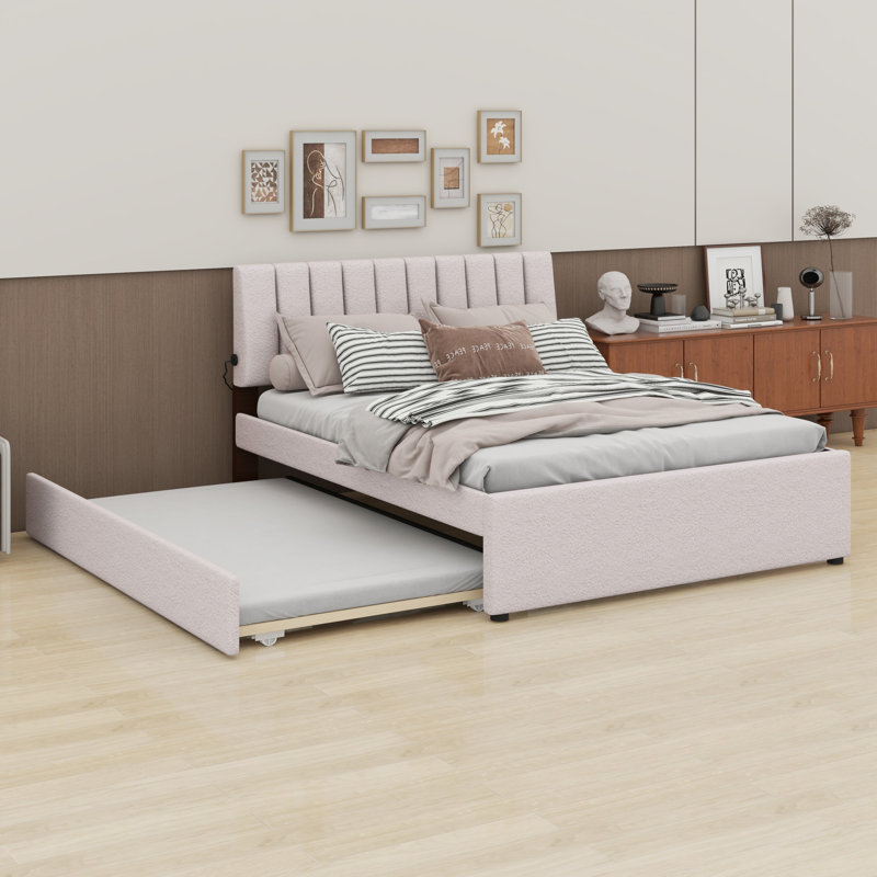 Lit plateforme tapissier avec lit gigogne, Grand lit, Beige