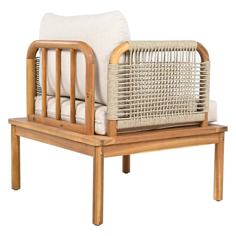 Ensemble de conversation d'extérieur en bois d'acacia et corde avec coussins 5 pièces