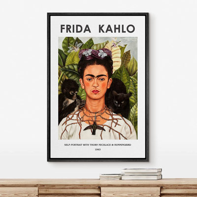 Self Portrait Necklace & Hummingbird by Frida Kahlo - Floater Frame Print on Canvas