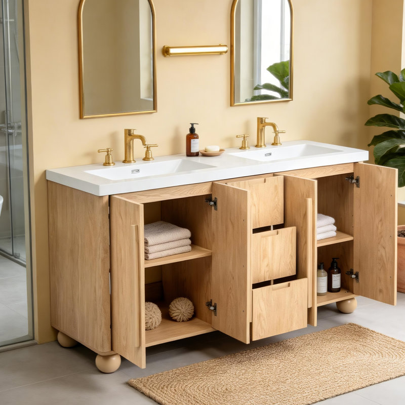 Meuble-lavabo double 59 po, meuble-lavabo en résine avec portes à fermeture douce et tiroirs de rangement 59 po
