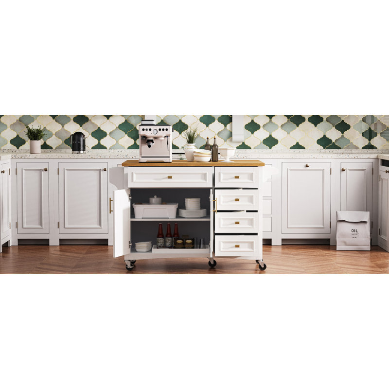 K&K 52'' Kitchen Island with Drop Leaf, Embossed Texture Kitchen Island on Wheels with Spice Rack, Towel Rack, 2 Doors and 5 Drawers, Kitchen Storage Cart with Adjustable Shelf for Kitchen, White