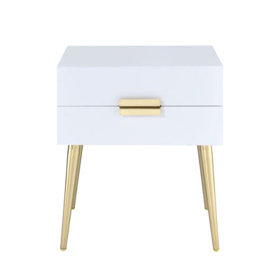 Rectangular Wooden End Table With 2 Drawers In White And Gold Finish