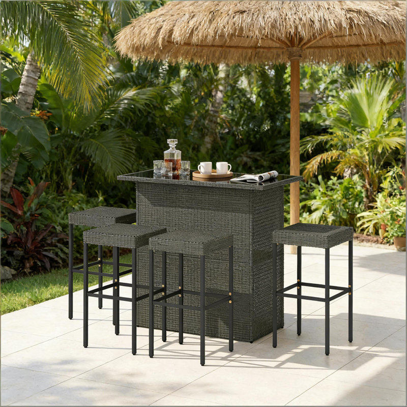Bar Height Pool Furniture Set,Outdoor Table And Chairs,5 Piece Rattan Wicker Bar Set, Dark Gray