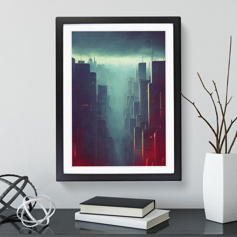 Dystopian City Skyline No.2 - Single Picture Frame Painting, 64cm H x 46cm W x 2cm D, Black