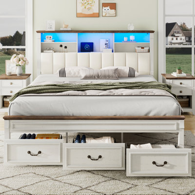 Farmhouse King Size Bed Frame With 51" Tall Storage Headboard, 3 Drawers, RGB LED Lights & Power Outlet, Wood Platform Bed with Roman Column Legs, No Box Spring Needed, White