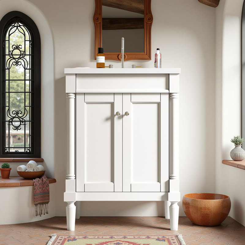 Meuble-lavabo autoportant 24 po avec lavabo en céramique, armoire de rangement avec cadre en bois massif et tablette de rangement 24 po