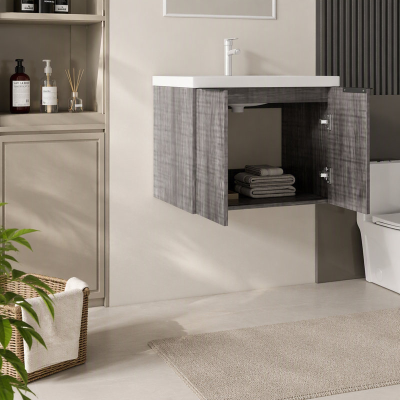 Meuble-lavabo flottant 24 po avec lavabo, porte à fermeture en douceur, évier en céramique, contreplaqué, gris, Gris, 24.04"
