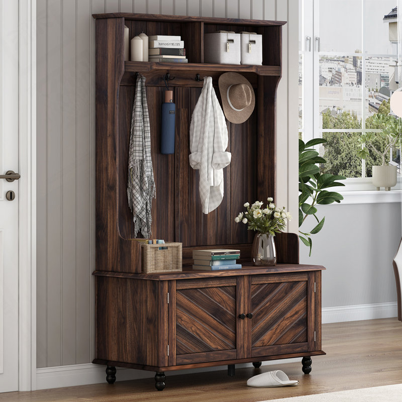 Hall Tree with 4 Hooks，Storage Bench,