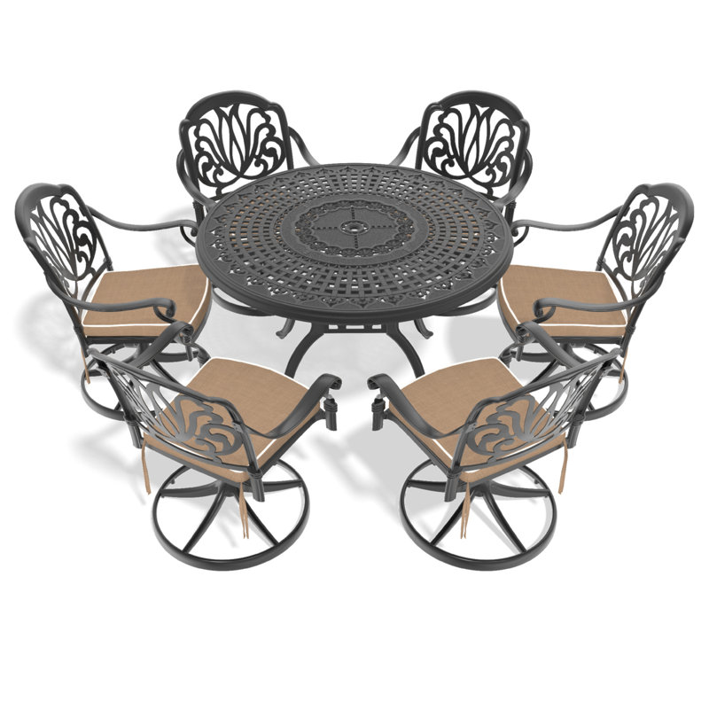 Ensemble de salle à manger 7 pièces en fonte d'aluminium toutes saisons, comprenant 6 chaises pivotantes et une table ronde de 47,24 po avec structure noire