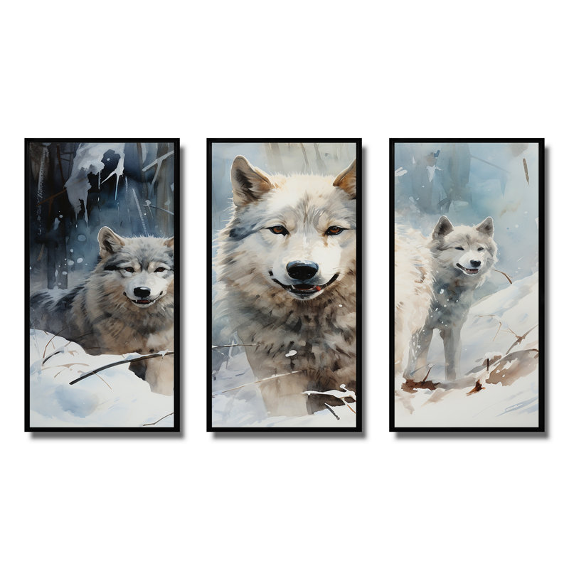 Neige loups en hiver III - loup, art mural, H 40 po x l 61 po, Cadre flottant noir