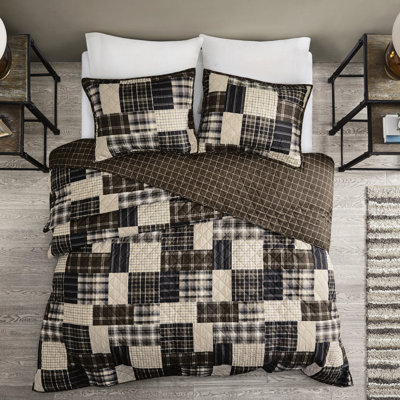 Courtepointe réversible 3 pièces très grand / très grand, noir / brun, avec bourre en coton doux et patchwork noir / brun pour fermeture à glissière à motif imprimé