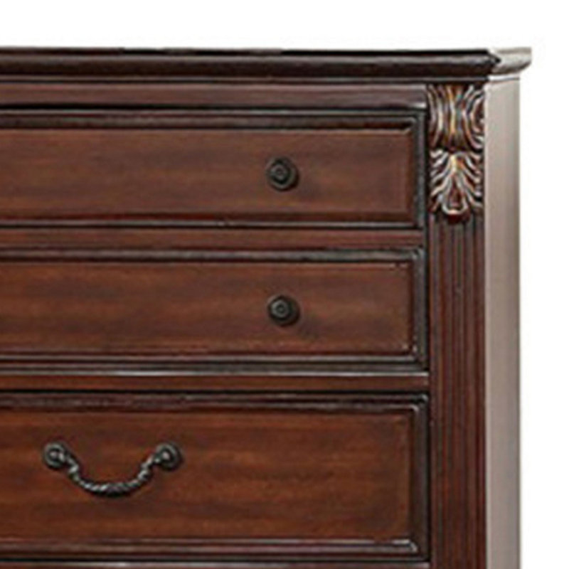 Miri 51 Inch 6 Drawer Tall Dresser Chest, Brass Carved, Cherry Oak Brown