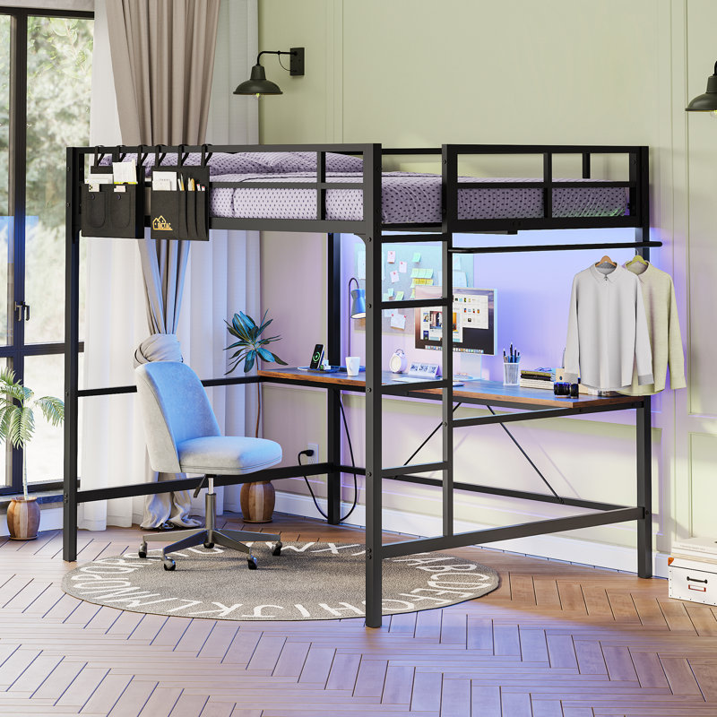 Full Size Loft Bed With Desk And Led Light, Metal Full Size Loft Bed With Power Outlet, Full Size Bed Frame With Upper Bunk, Safety Guard And Ladder, Space Saver,
