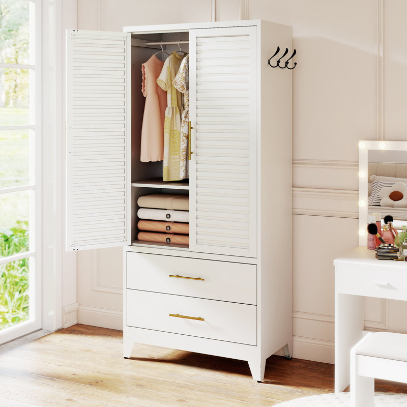 Armoire-penderie Mikenlee 71″ en métal blanc avec tiroirs – Solution de rangement gain de place pour les appartements et les chambres d'amis