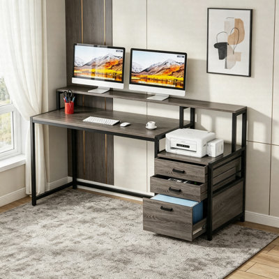 Bureau d'ordinateur 63 po avec support pour moniteur, bureau ergonomique avec tiroirs et classeur 63 po