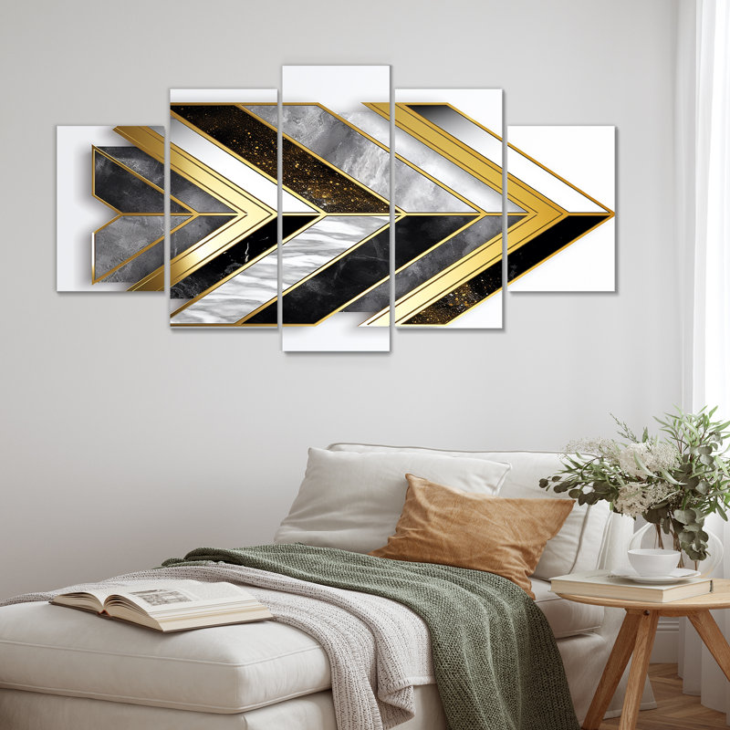 Ensemble de 5 décorations géométriques à chevrons gris et or gris, H 32 po x l 60 po