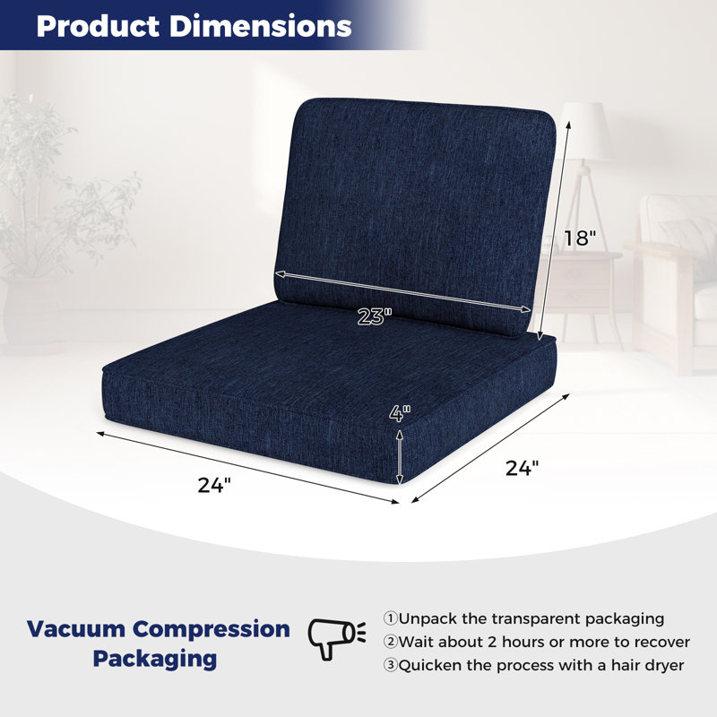 2-Pack 24" x 24" Deep Seat Cushion & Back Pillow with Removable Covers Outdoor, Navy