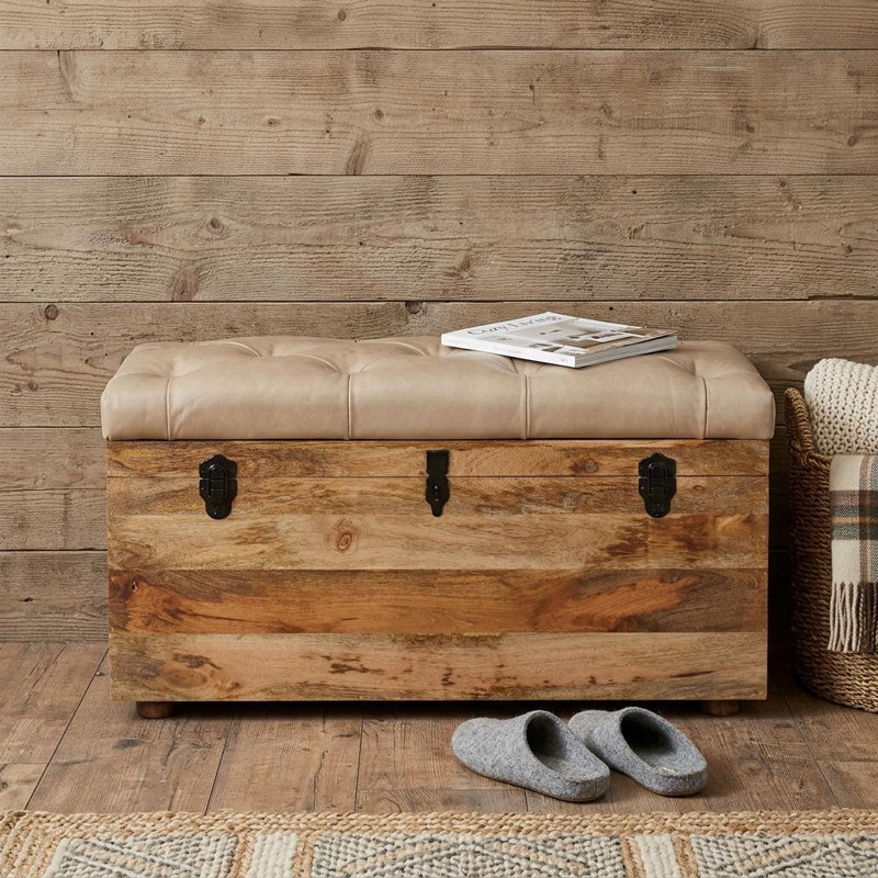  Banc de rangement rembourré en cuir véritable beige et brun de 35 pouces avec dessus en cuir massif capitonné