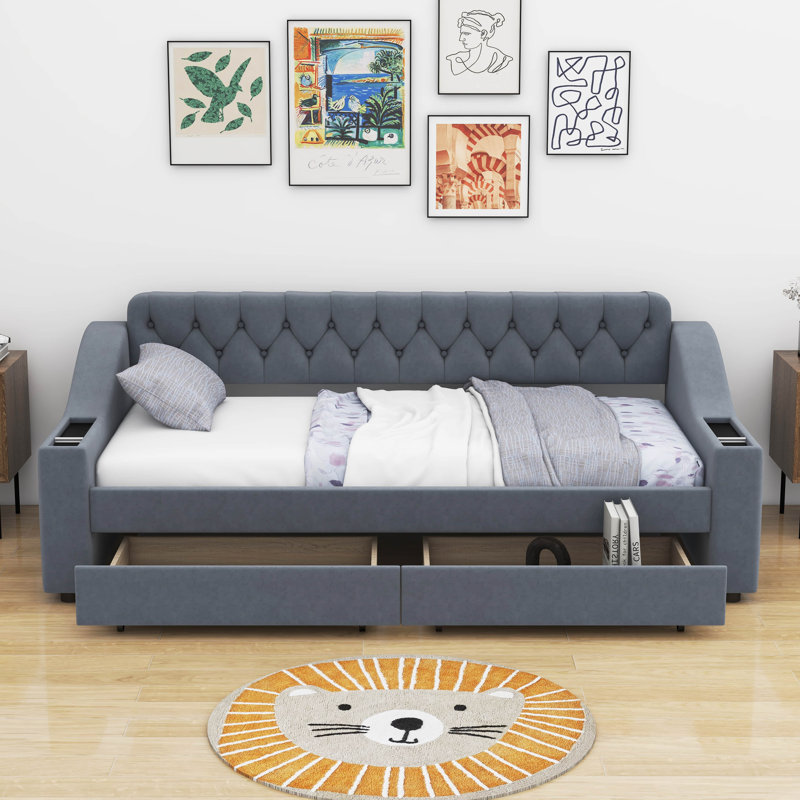 Jashan Twin Size Upholstered Daybed with Storage Armrests and USB Port, Grey
