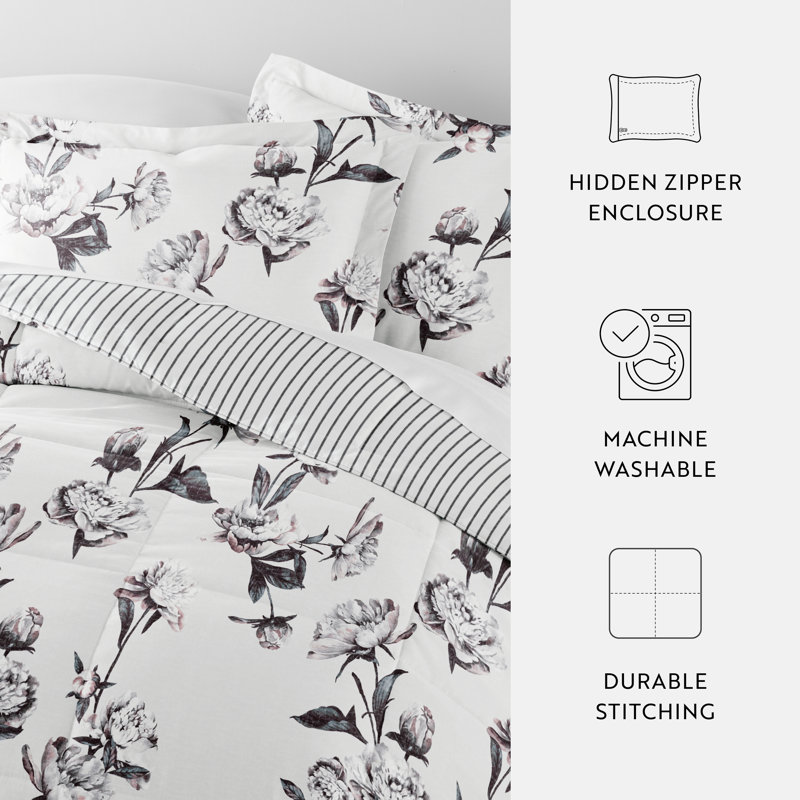 King Gray Floral Down Alternative Reversible Comforter Set