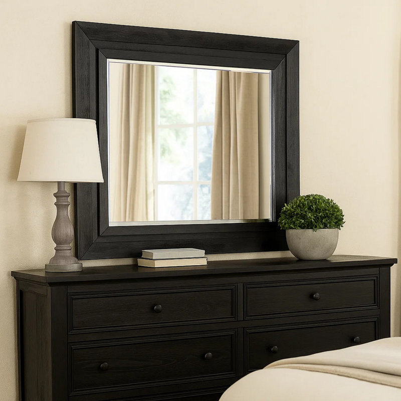 Miroir de commode Ashen, bois massif noir, silhouette rectangulaire, 40 x 46