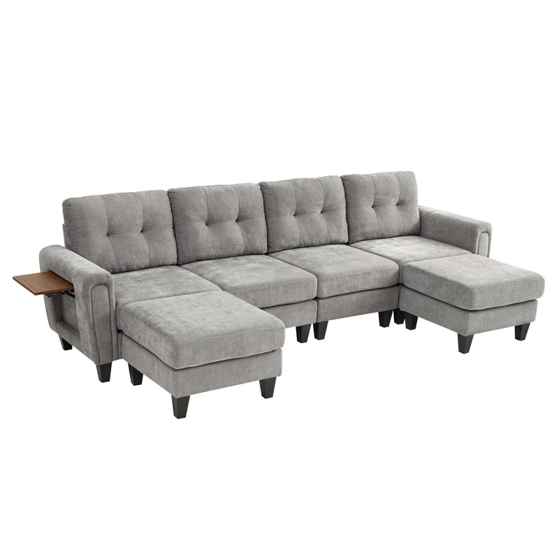 Modern Sectional Sofa 115" U-shaped Sofa Upholstered Sofa Couch with Two Movable Ottomans, USB Ports and Side Tables, Gray
