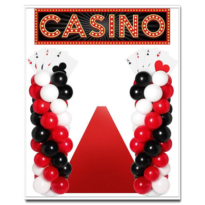 2 ensembles de colonnes de ballons de casino rouges et noirs - 8 cartes de poker géantes, 100 ballons rouges et or noirs et 1 tapis pour les soirées de fête