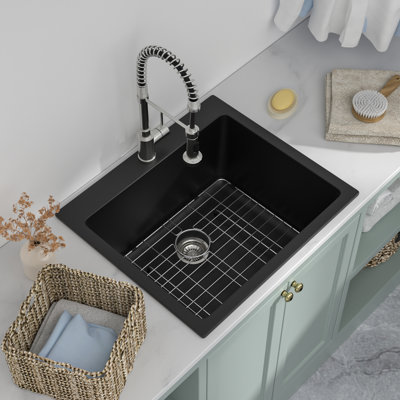 25" Topmount Black Quartz Laundry Sink 12" Deep Drop In Utility Sink with Roll Rack and Bottom Grid
