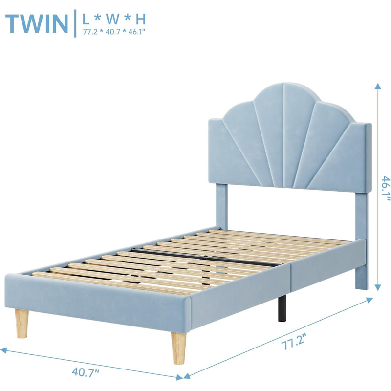 Structure de lit rembourrée en velours avec tête de lit réglable, Bleu