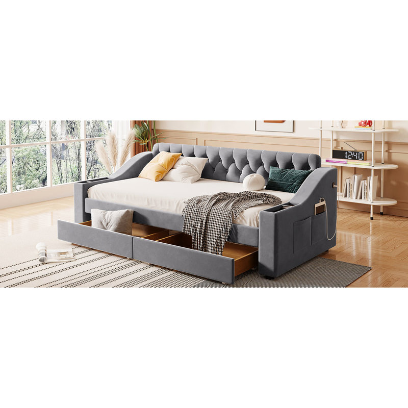 Gray Upholstered Twin Daybed With Armrest Storage & - Practical Bedroom Addition Elegant Sleeping Option, Gray
