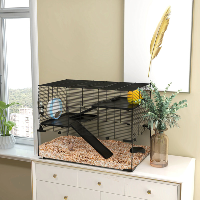 Cage à hamster Pawhut, cage à gerbille de 31 po avec bassin en verre, rampes, plateformes, cabane, roue d'exercice, pour petits hamsters, noir