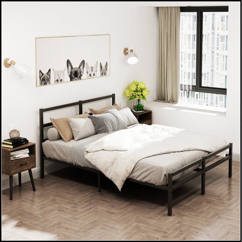 Structure de lit plateforme en métal robuste avec tête de lit élégante, assurant durabilité et style pour un sommeil confortable