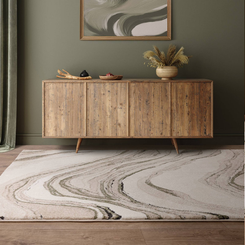 Decara Quartz Abstract High-Low Green/Beige Area Rug, Rectangle 200 x 290 cm