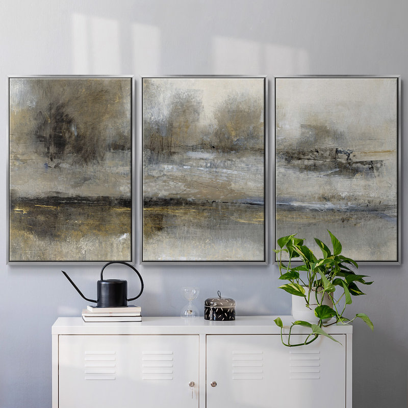 Paysage doré II - Toile encadrée multi-pièces, H 36 po x l 75 po x P 2 po, Argent