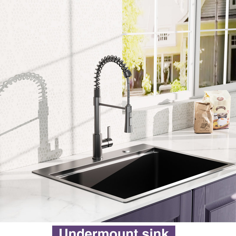 32X22inch Stainless Steel Gunmetal Black Kitchen Sink With Faucet, Drop-In, Cabinet Control Technology Sink, Steel, Noise Elimination Feature
