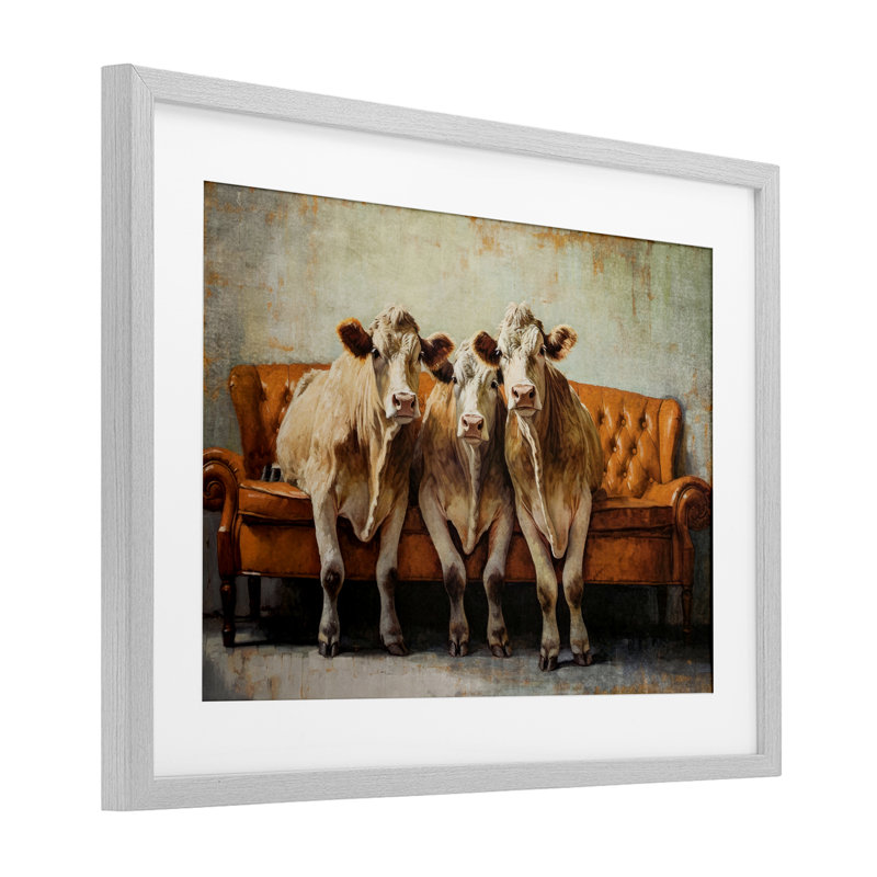 «Cows Just Chillin '», reproduction encadrée sous verre, conception de Tina LeCour, Cadre de ferme gris, H 14 po x l 20 po