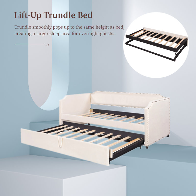 Upholstered Daybed With Lift-Up Trundle Bed, Beige