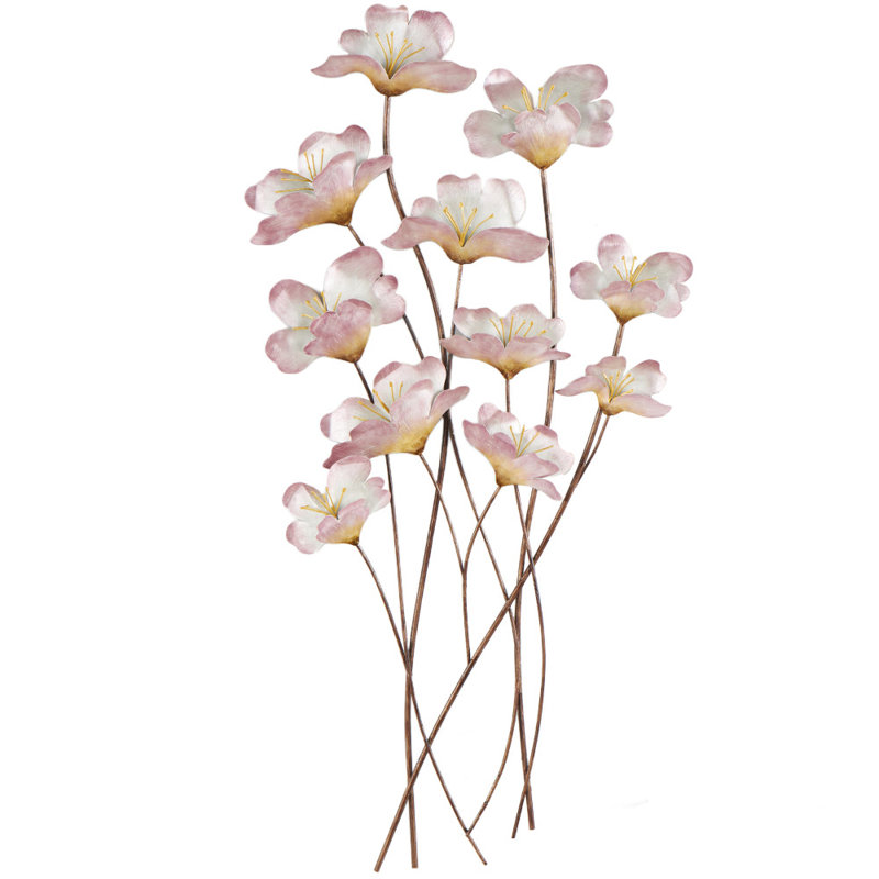 Pink Metal Floral Home Wall Decor with Copper Stems, 19" x 2" x 38"