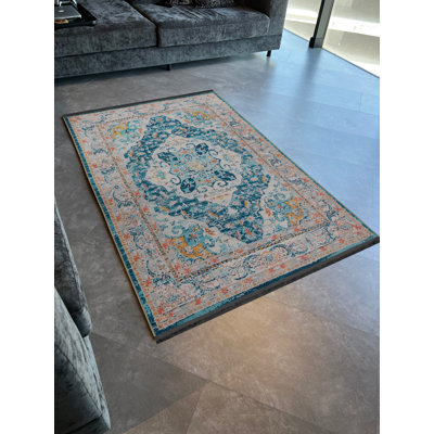 Orange-Blue Themed Traditional Motif Ethnic Patterned Fringed Vintage Decorative Rug