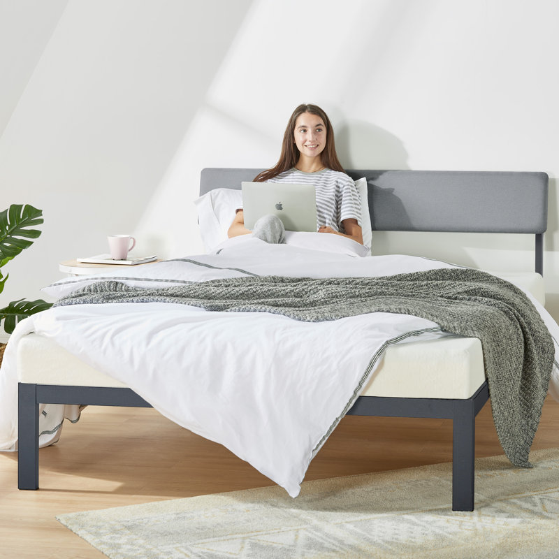 Mellow KERA Metal and Wood Platform Bed Frame with Angled Headboard, Black, King