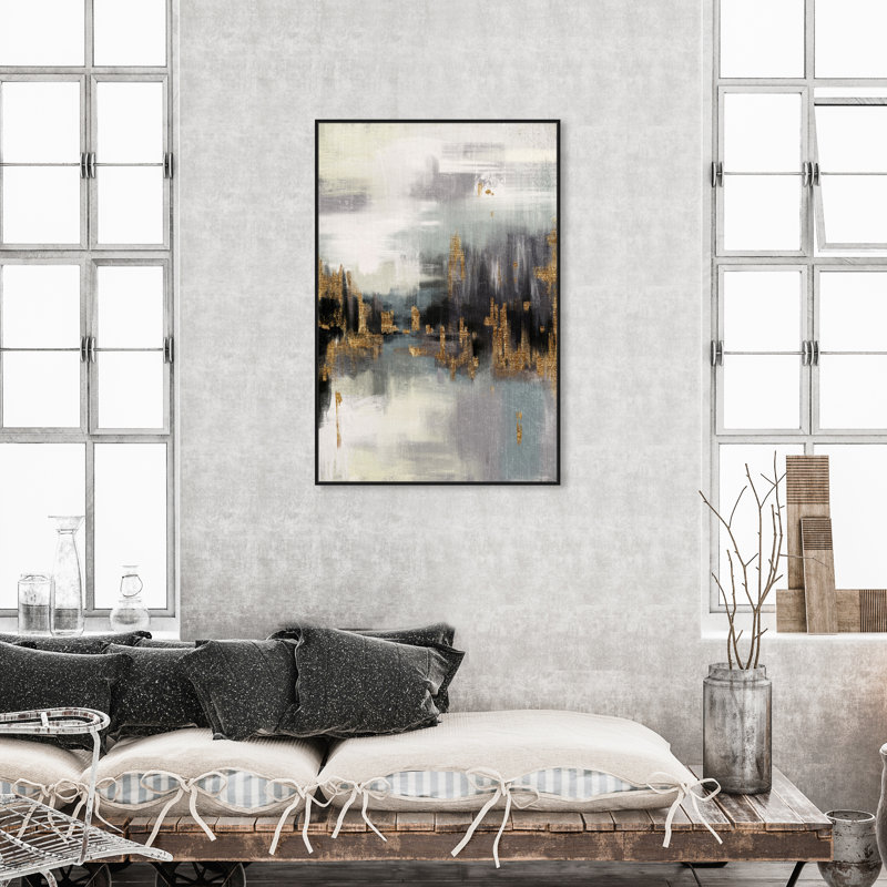 Gold Peaks Landscape, Abstract Mountains Modern Gray - peinture sur toile, H 45 po x l 30 po x P 1,75 po