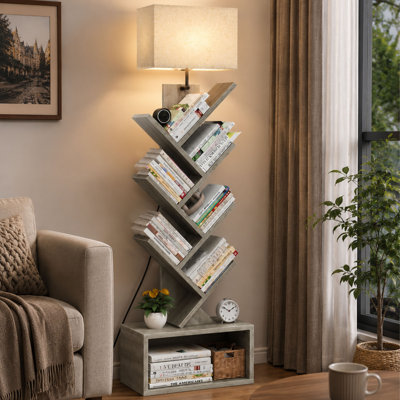 6-Tier Tree Bookshelf with Adjustable Light and Storage Cabinet, Tall Narrow Bookcase Organizer for Living Room Bedroom Home Office